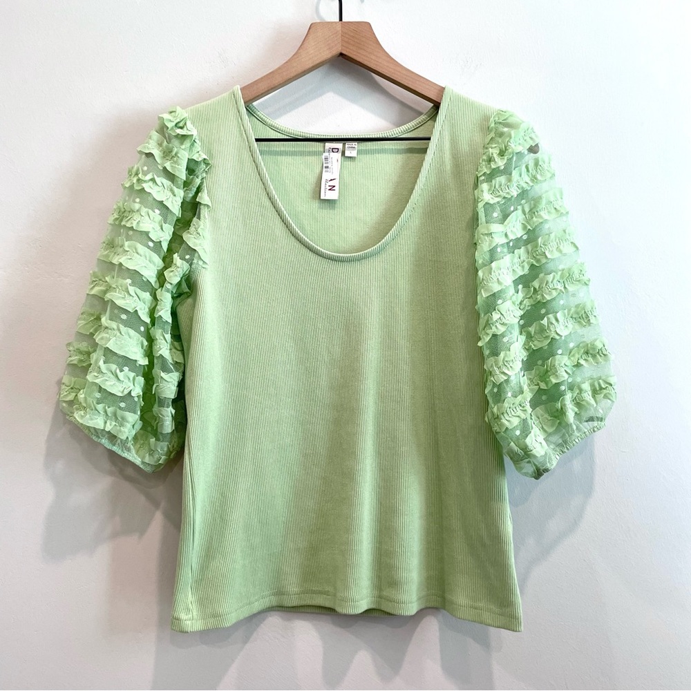 Dolan Short Sheer Puff Ruffle Sleeve Ribbed Top - Picture 3 of 12